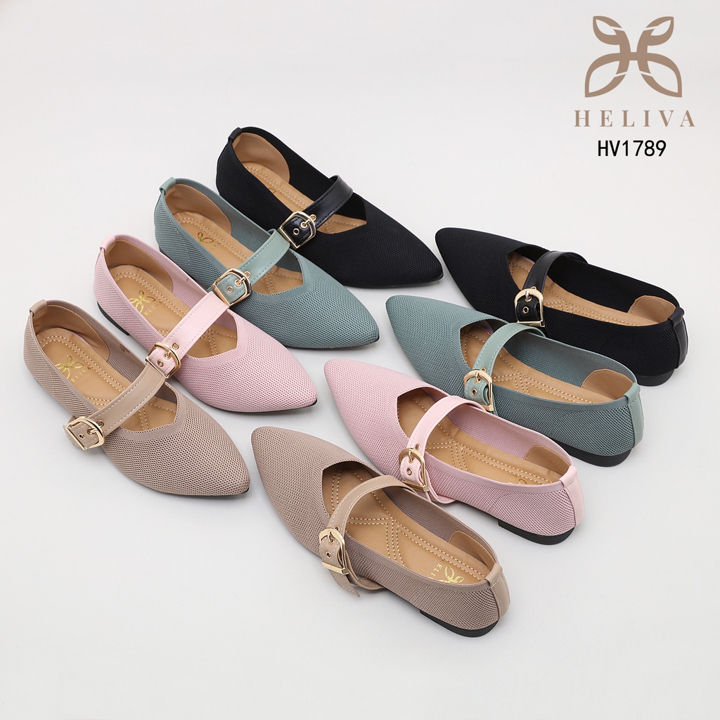 HELIVA VENUS Flat Shoes Sepatu Lancip Gesper Slip On Bahan Kanvas HV1789 Original Brand