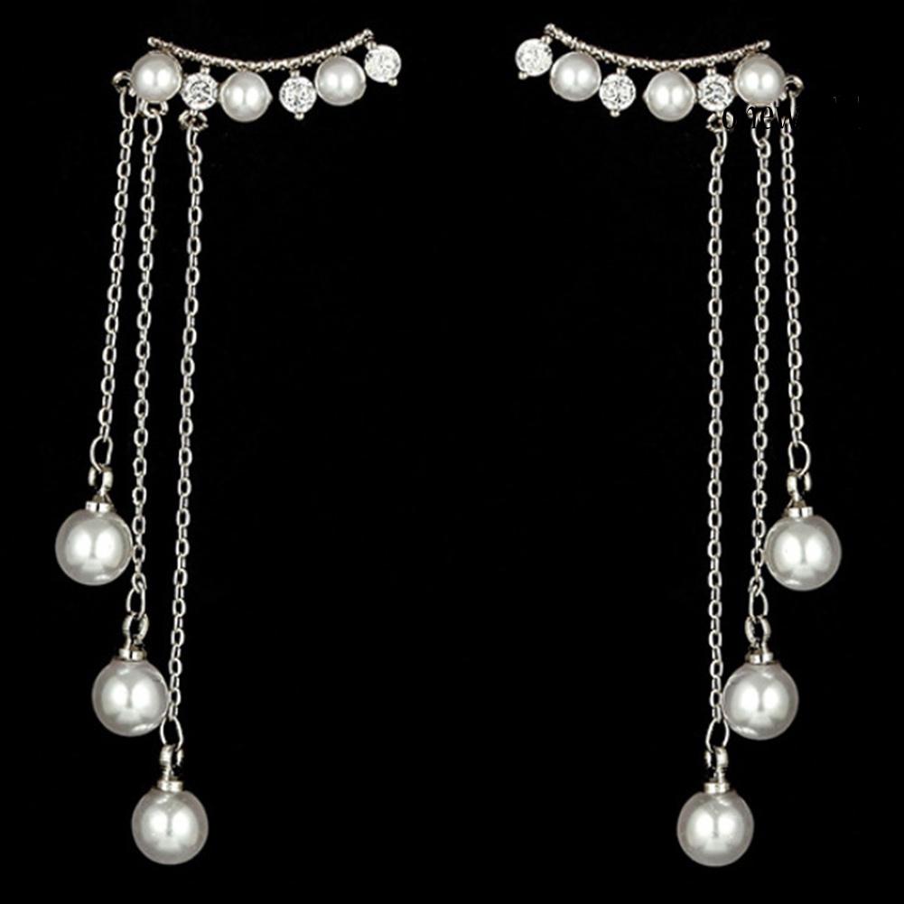 OW# Women Faux Pearls Inlaid Chain Tassel Dangle Ear Jackets Earrings Jewelry Gift