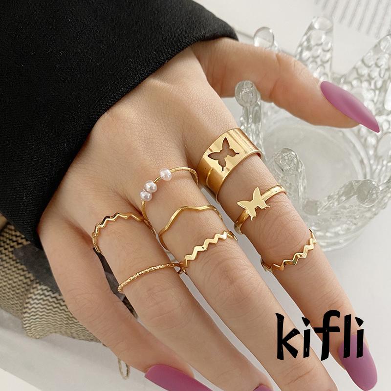 8pcs Cincin,Model Terbuka Adjustable,Desain Kupu-Kupu Gelombang