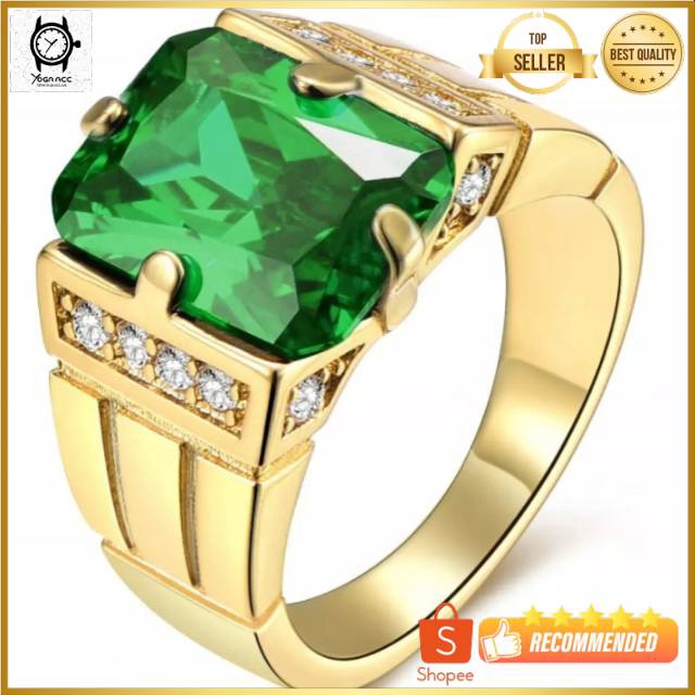 Cincin Pria Akik Hijau Zamrud Green Emerald Cutting Mewah Berkelas Ring Warna Gold