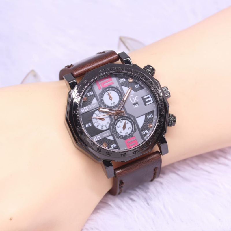 Jam Tangan Pria Gc Tanggal Aktif Tali Kulit Free Box kancing