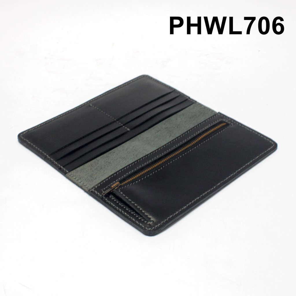 dompet cewek model panjang - saku zipper kulit sapi asli hitam PHWL706