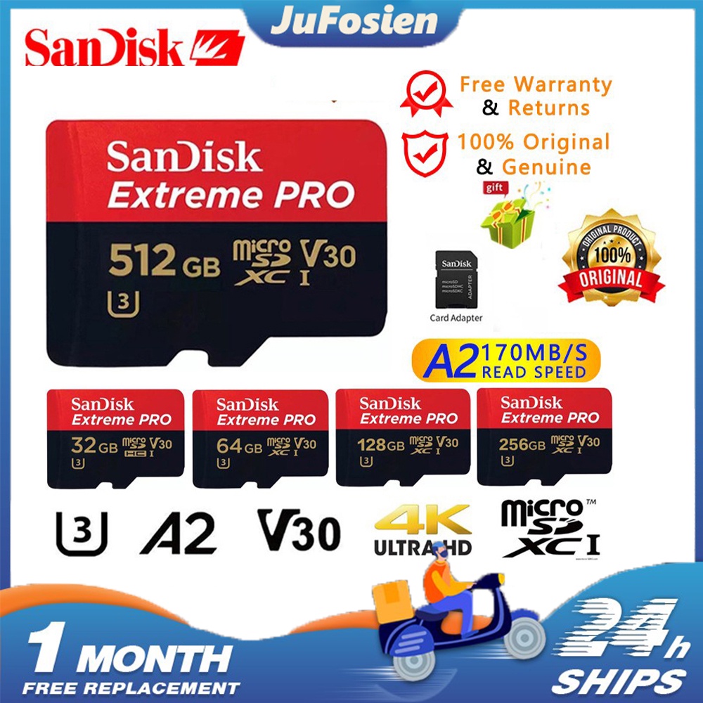 Sandisk Memory Card Microsdxc Uhs-I 64gb 128gb 256gb 512gb 100mb / S Red / Black Color With Adapter