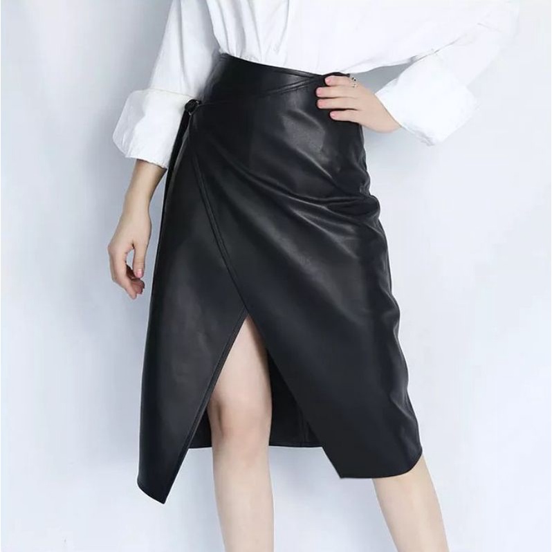 Rok Kulit Sintetis Rok Midi Wanita Leather Skirt Asimetris Model Pensil Wrap Body Streetwear Tali Pengikat