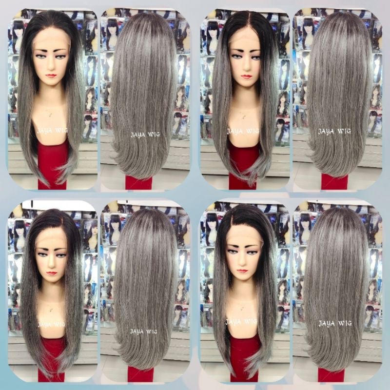 Frontlacewig Rambut Palsu Wanita Lurus Panjang Warna Ombre Silver