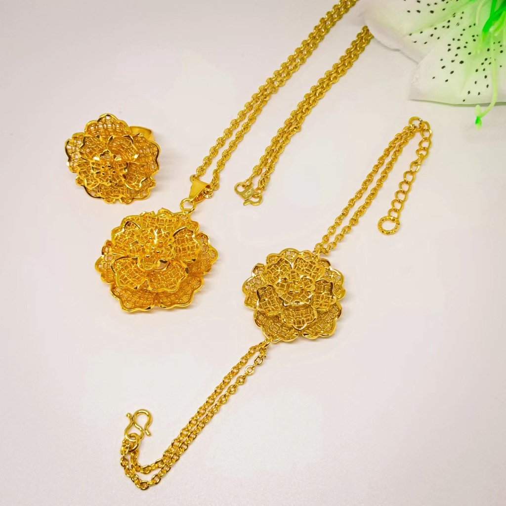 satu set gelang+kalung liontin+cincin kendari gold 24K hadiah bunga perhiasan dubai xuping