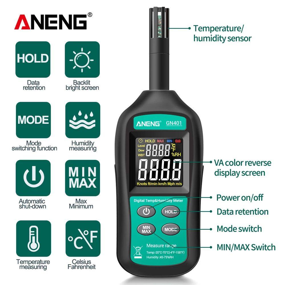 Solighter Pengukur Kelembaban Suhu ANENG GN401 No Contact True RMS Digital Air Thermometer