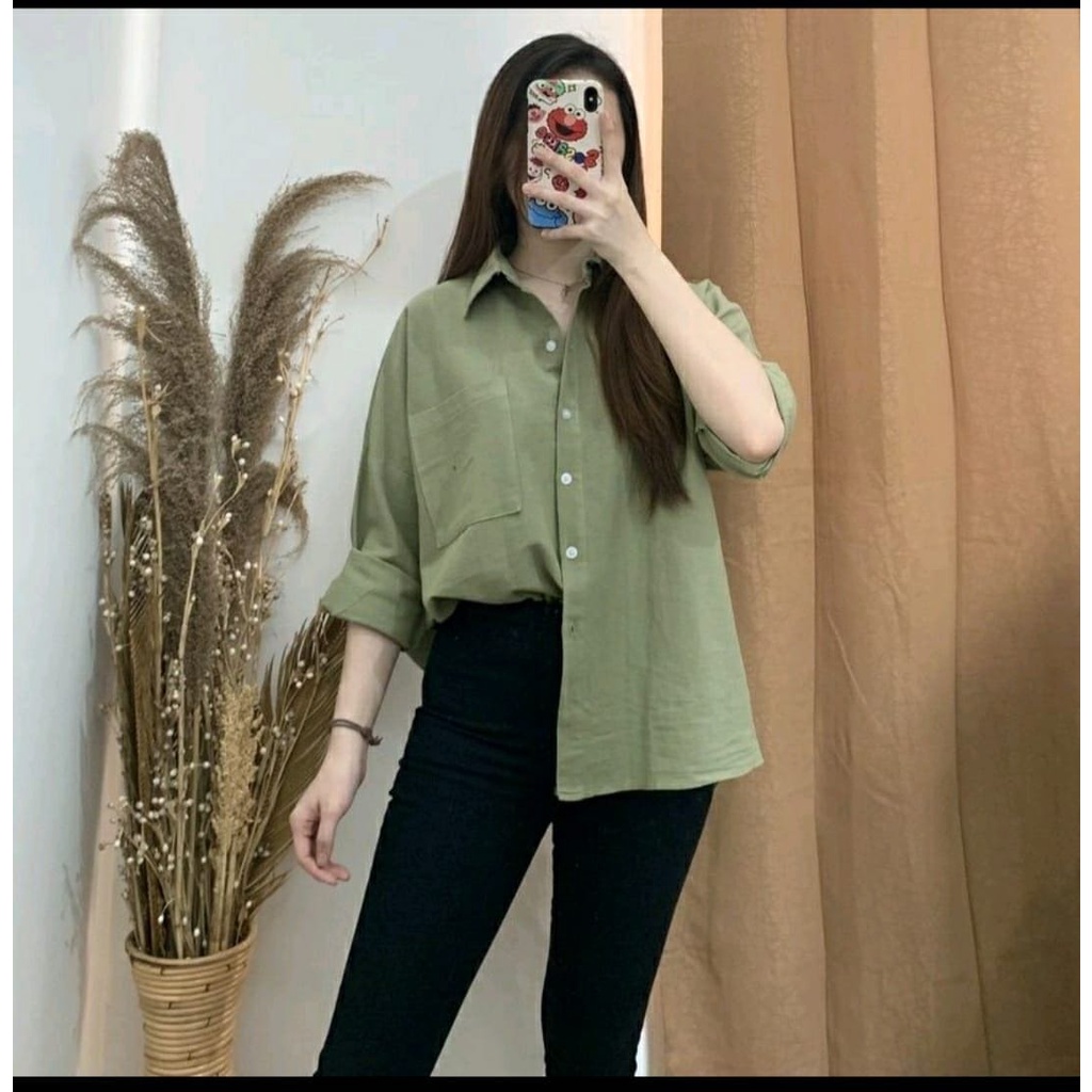 Kemeja Linen Oversize Premium Shirt Wanita Polos Korean Style Baju Atasan Wanita Kekinian LD 120 cm