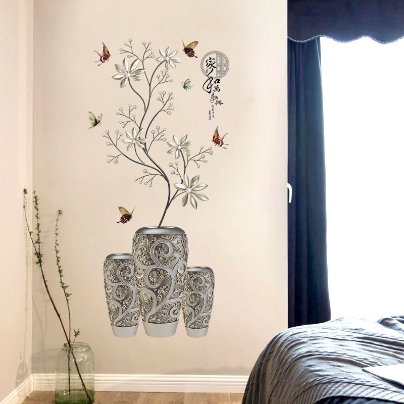 Reliza Wall Sticker Modern Vase Chinese Flowers Black Pot Stiker Dinding LDR