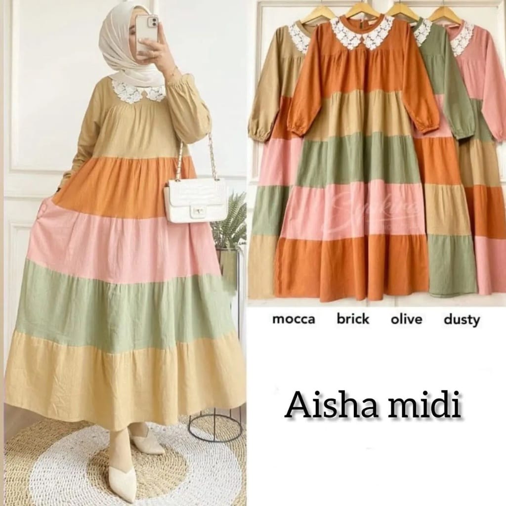 Busana Muslim Wanita Terbaru Aisha Midi Dress Korea Gamis Remaja Crinkle Outfit Wanita Kekinian Casual Dress