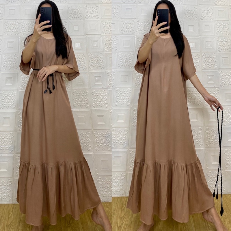 daster MONA tangan 3/4 PB 130cm /daster panjang rempel tangan 3/4  JUMBO premium sleting /busui/rempel tangan 3/4/ tangan pendek/ tali grosir ecer SEMATA KAKI RAYON-Mona milo