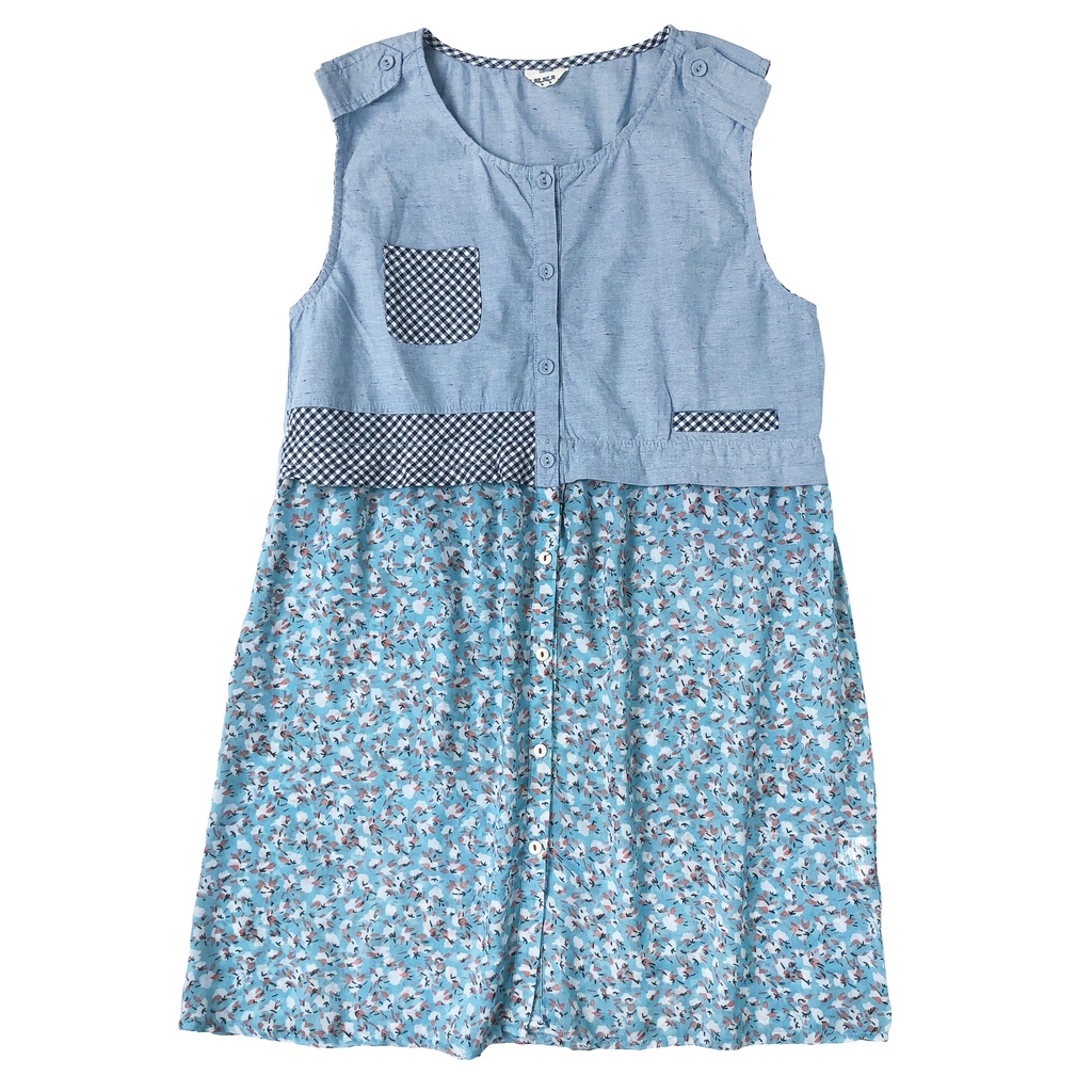 DRESS TUNIK OUTER KUTUNG LINEN KATUN BUNGA BIRU MUDA KOREA IMPORT