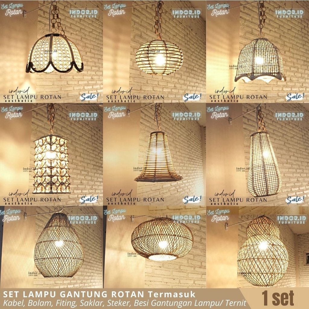 Set Lampu Hias Rotan Gantung/ Kap Lampion Lampu Gantung dinding Aesthetic/Lampu Dekorasi Ruang Tamu Teras Terbaru Murah