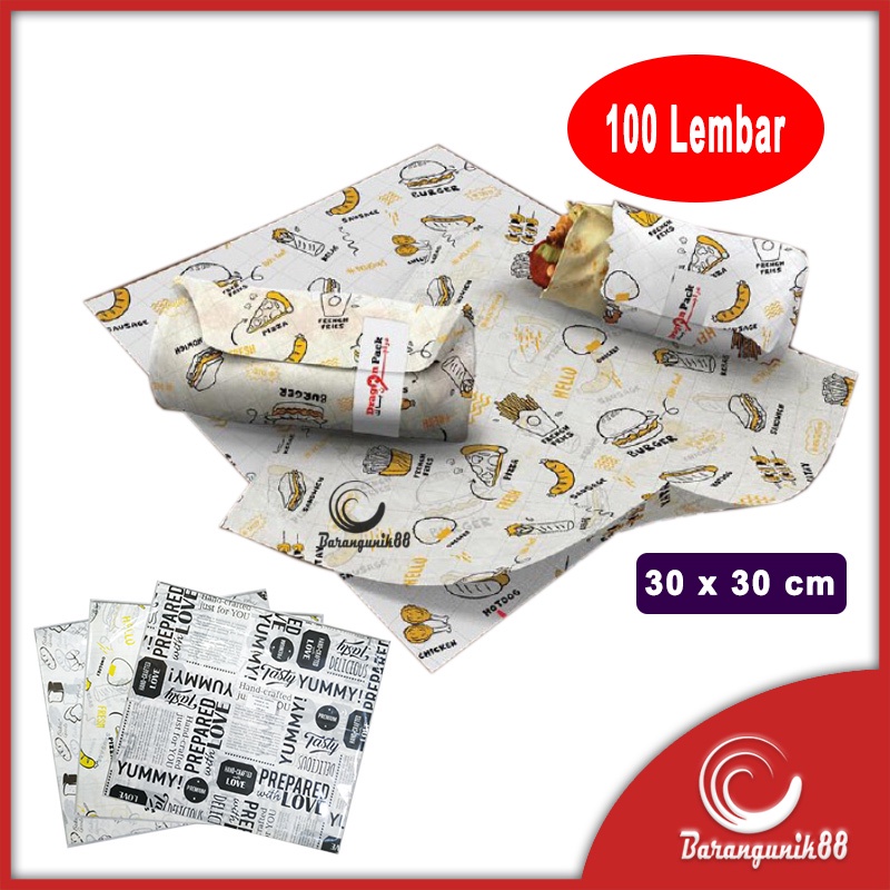 [30x30cm] Kertas Nasi Laminasi Kertas Burger Wax Paper Wrap Kebab Sandwich Anti Lengket 100Lembar