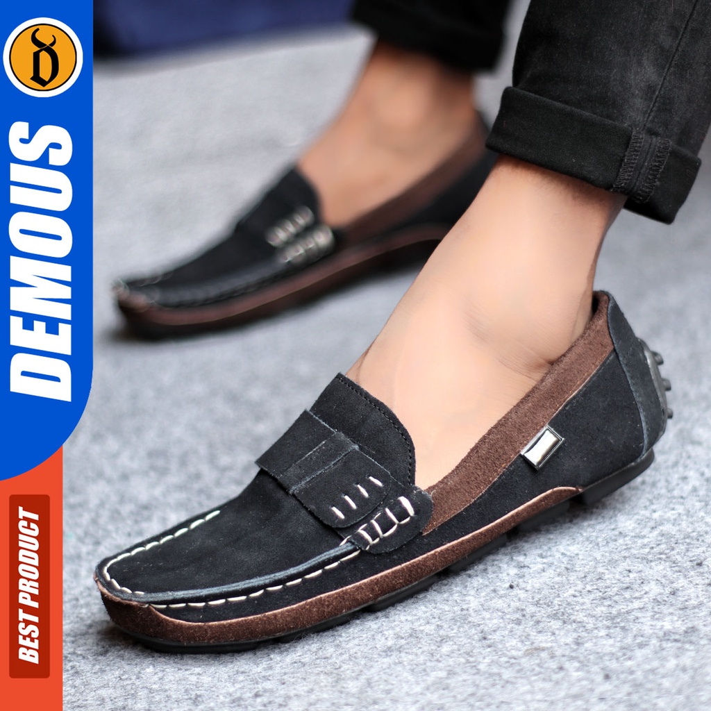 Sepatu Slip On Pria Sepatu Casual Pria Kulit Suede Kerja Kantor Kuliah Kondangan Sepatu Slop Pria Sepatu Hitam Pria DEMOUS AHARON