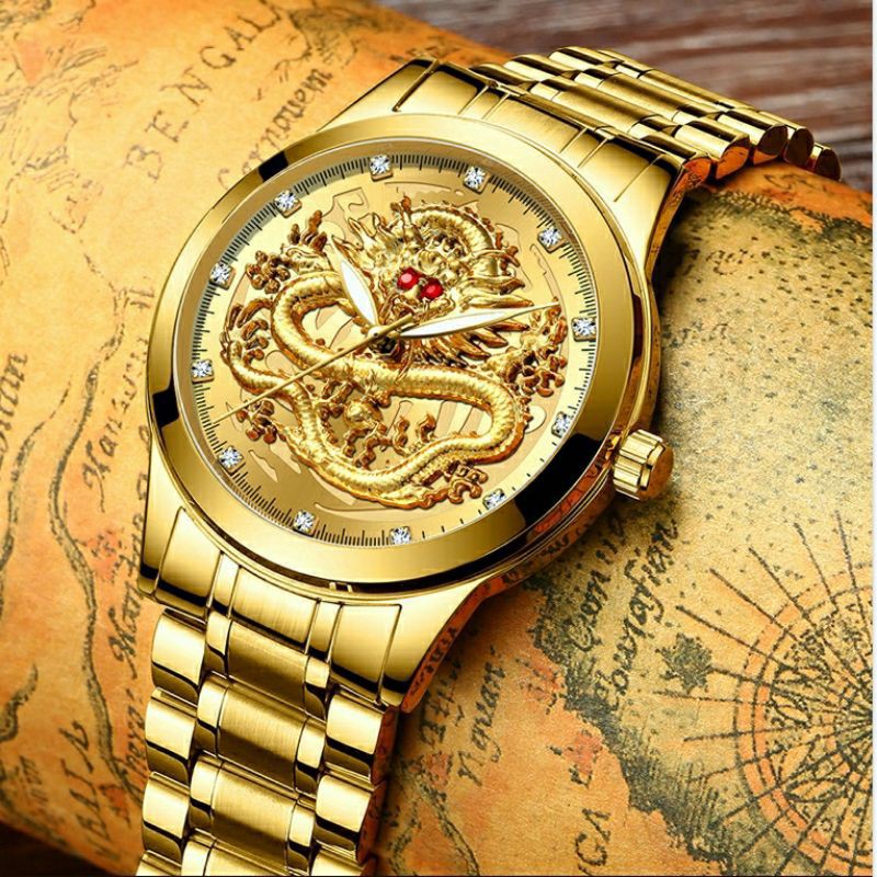 (COD) Jam Tangan Naga Pria Original Finite 100% Anti Air 3 ATM Stainless Steel Milenial Quartz Men Watch Motif Dragon 3D Gold Mewah [100% Original+30m Waterproof]