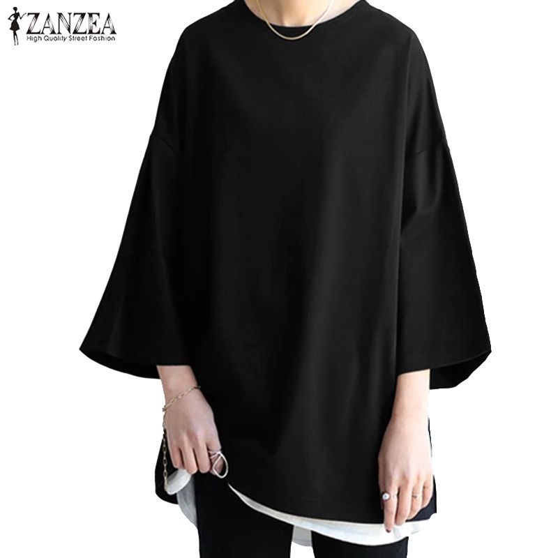 ZANZEA Women Crew Neck Long Sleeve Solid Color Casual Blouse