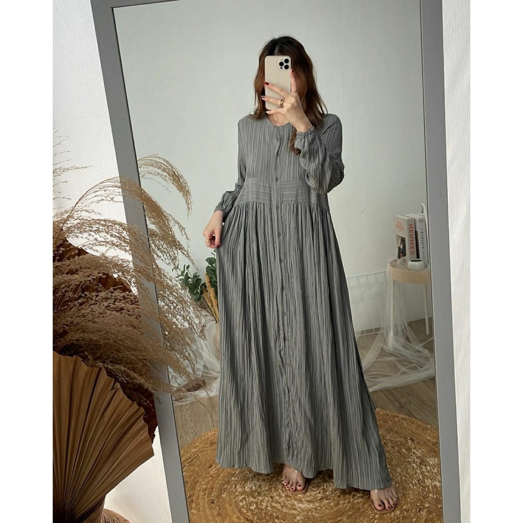 (MGA) GAMIS DELINA MAXI DRESS FULL KANCING WANITA AIRFLOW