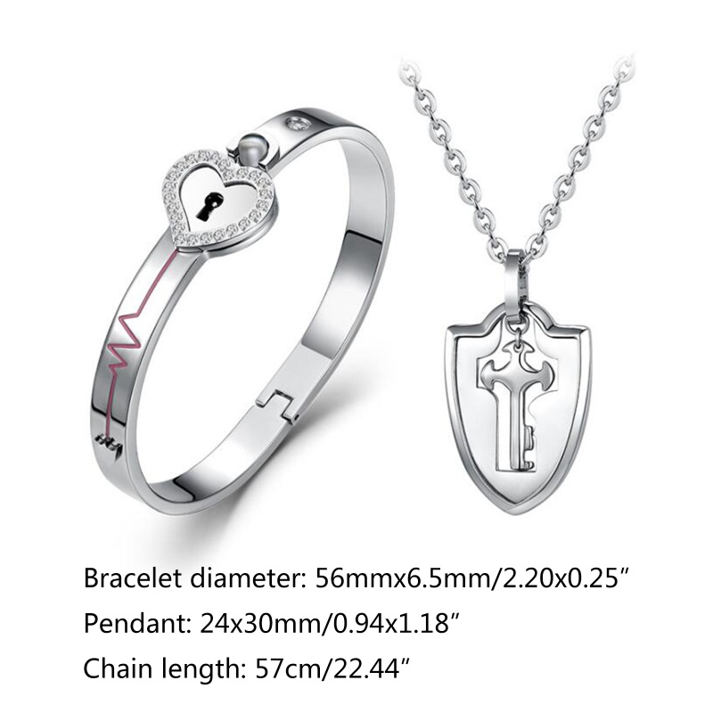 SIY  Couple Lovers Puzzle Jewelry Gift Titanium Steel Love Heart Lock Bangle + Key Pendant Necklace Set