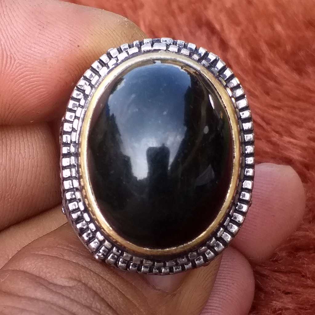 Batu Akik Giok Hitam Super Pekat Bodyglass Dim-23 Mumbul Ring Ukir Gagah