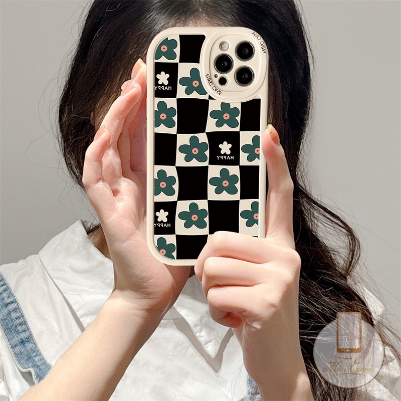 Casing Soft Case Kompatibel Untuk IPhone 7Plus 8Plus 11 13 12 14 Pro Max7 8 6 6s Plus XR X XS Max 11Pro Max SE 2020retro Sastra Bunga Hijau Kotak-Kotak Kotak-Kotak Soft TPU Cover