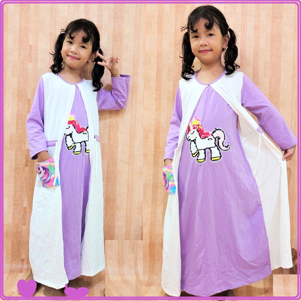 Gamis Gardigan Unicorn Usap / Baju Muslim Anak Perempuan Unicorn / Pakaian Muslim Anak Usap Kuda Pon