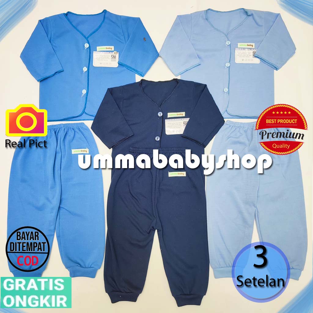 6 pcs / 3 Set Setelan Baju Bayi Baru Lahir Lengan Pendek Katun Halus Lembut SNI Baju Celana Paket Newborn Baby Perlengkapan Bayi Baru  Lahir Gift Kado Bayi Laki Perempuan-Panjang Blue