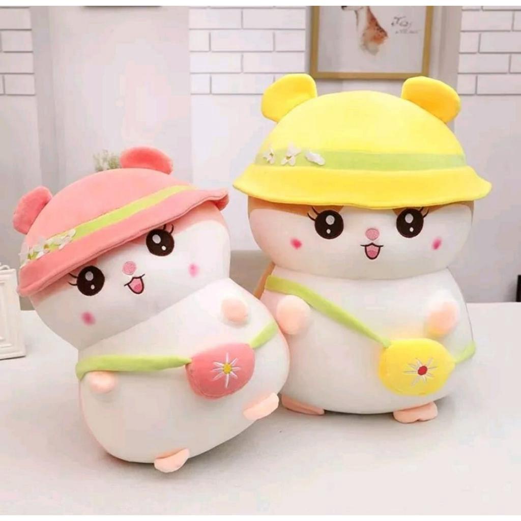 Mainan anak boneka hamster lucu pake topi bunga dan tas boneka ukuran 30 cm Terbaru bahan plus lembut