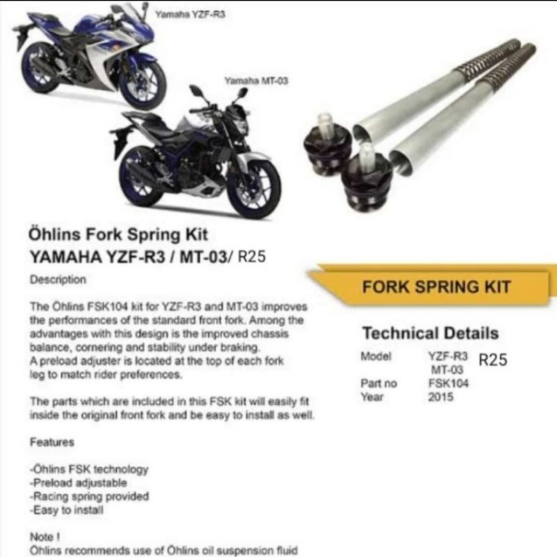 Per Shockbreaker Depan Front Fork Kit Ohlins Yamaha R25 100% Original