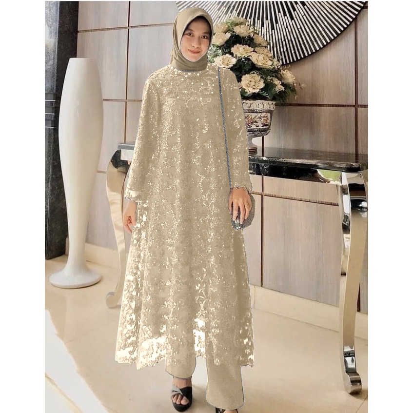 Baju Setelan Brukat Wanita Lebaran Terbaru 2022 Set Tunik Asteria Model Kekinian Trendy Modis Syari 