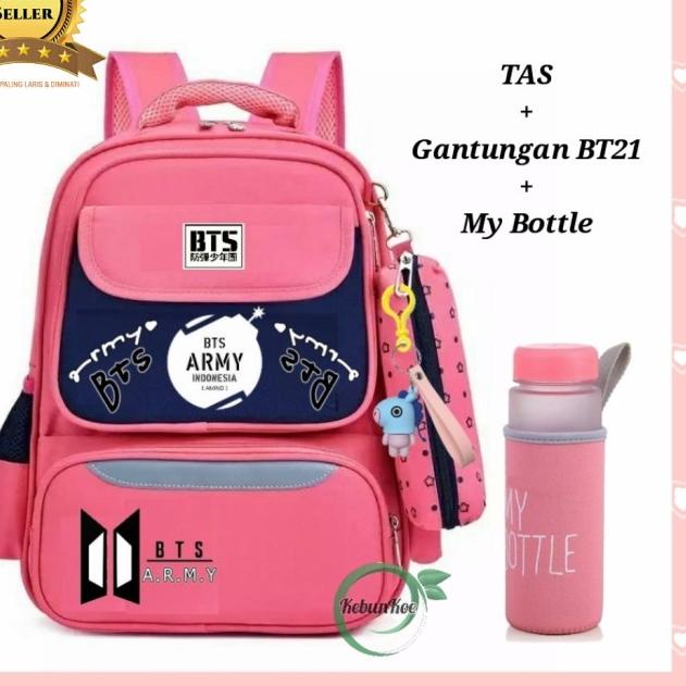 ✰Super Promo❁➫ TAS SEKOLAH WANITA BACKPACK ANAK PEREMPUAN BTS ARMY BONUS BT21 BOTOL - Pink Navy 88