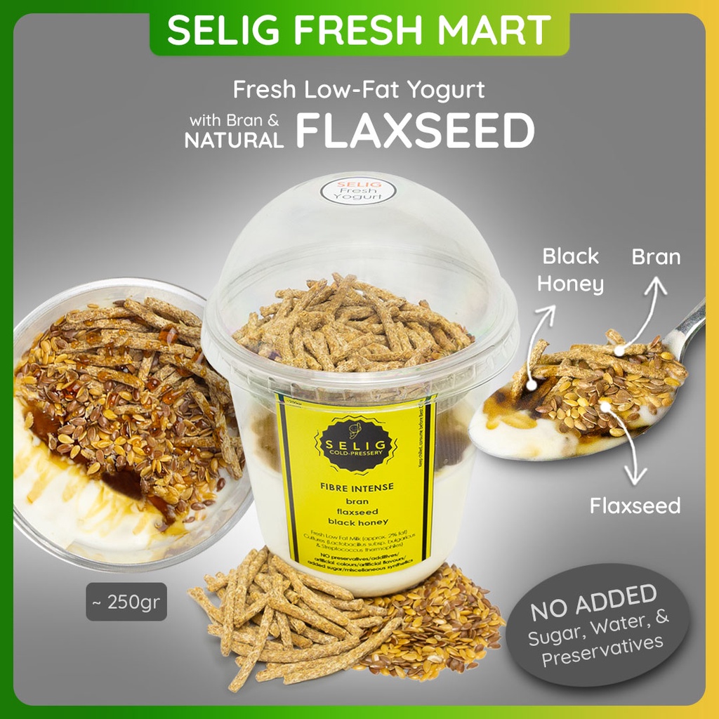 

Fresh Low Fat Yogurt Flaxseed, Bran, & Madu Hitam ~250gr Fibre Intense - Selig Fresh Mart