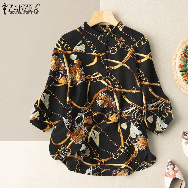 ZANZEA Womens Fashion Casual O Neck Chains Printed Daily Loose Blouse