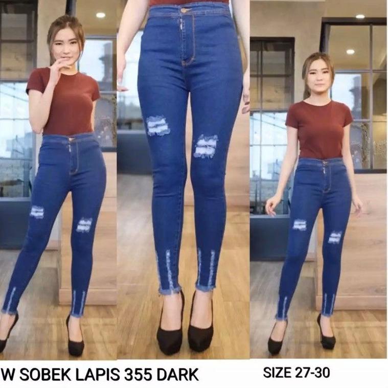 "RUS.14Ap22ᴮ" Highwaist Celana Jeans High Waist HW Sobek Ripped Wanita Tebal mulur