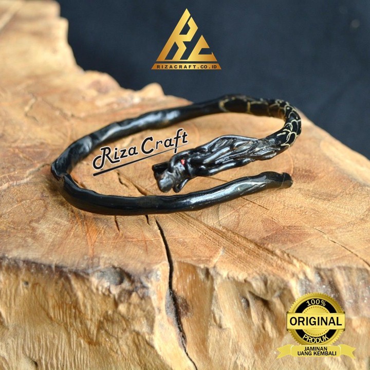 Gelang Kayu Akar Bahar Hitam Ukir Kepala Naga Asli Original Super Terbaik Grade A