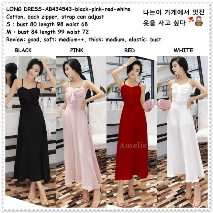 Long Dress Midi Gaun Pesta Korea Import AB434543 Black Red Pink White(Z8L7) GROSIR dress kerah termu