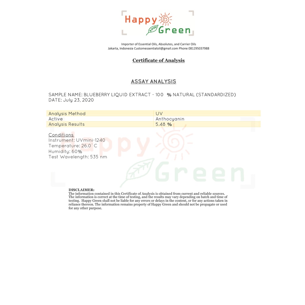 Happy Green Blueberry Liquid Extract - 100% Murni Natural