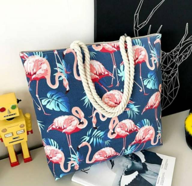 Kawaii Garden Flamingo Canvas Tote Bag Tas Pundak  Shoulder Bag