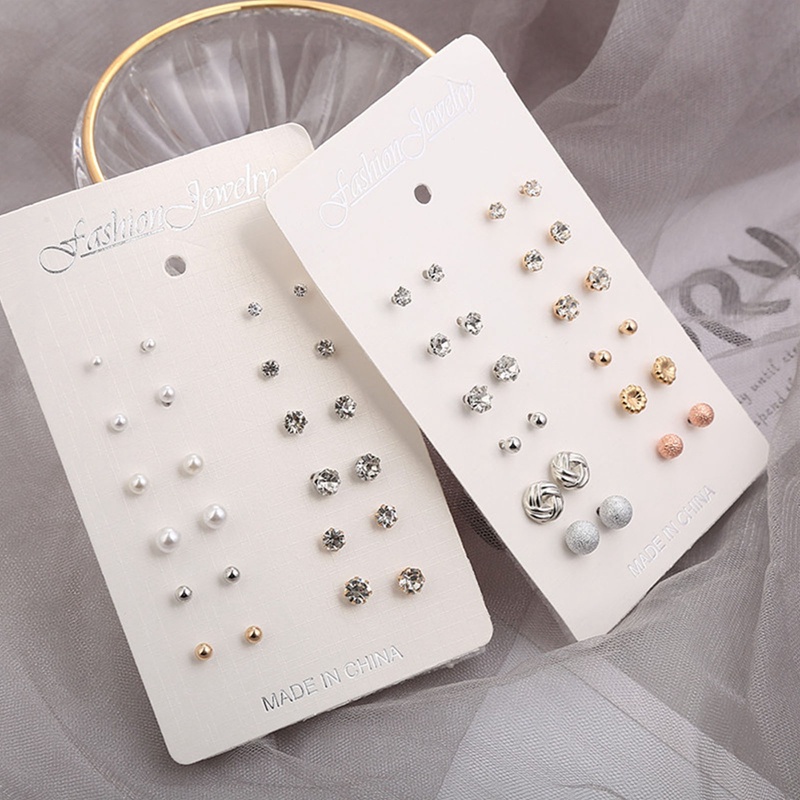 12 Pasang / Set Anting Stud Berlian Imitasi Bahan Alloy Untuk Wanita