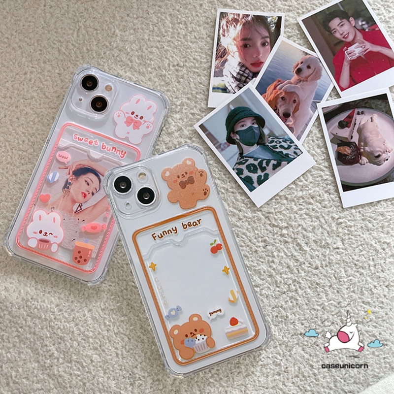 Soft Case Dompet Kartu Transparan Motif Kartun Kelinci Beruang Tahan Banting Untuk iPhone 11 13 12 14 Pro Max 14 6 7 6s 8 plus XR X XS Max SE 2020