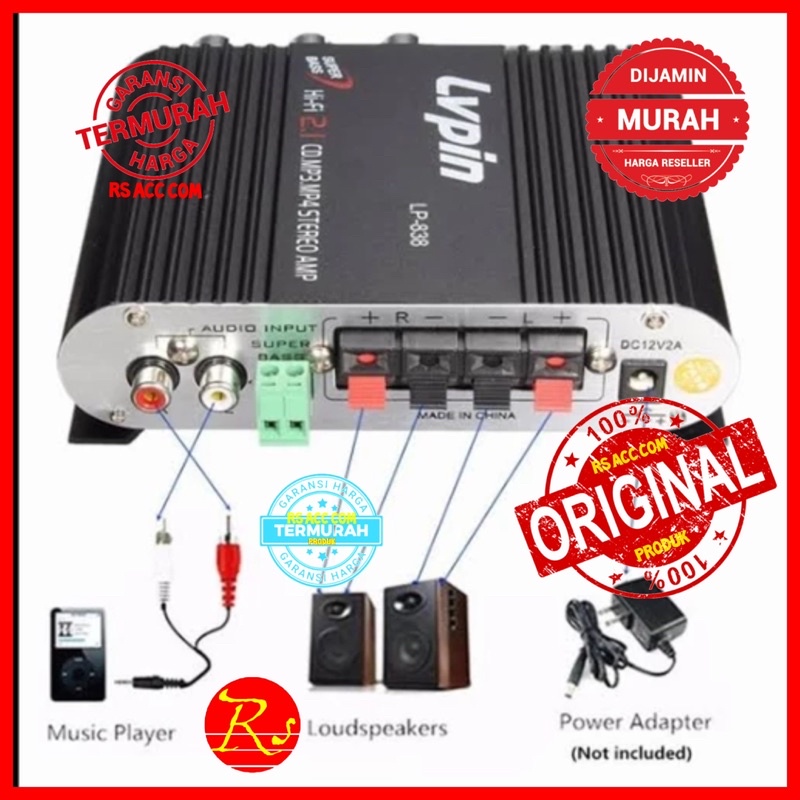 Amplifier Treble Bass Booster 12V Mini Hifi Stereo Amplifier LVPIN-LP-838
