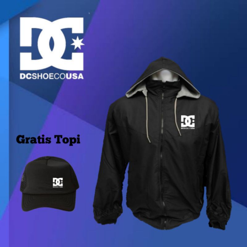 Jaket Parasut DC USA Gunung Outdoor hitam Gratis Topi