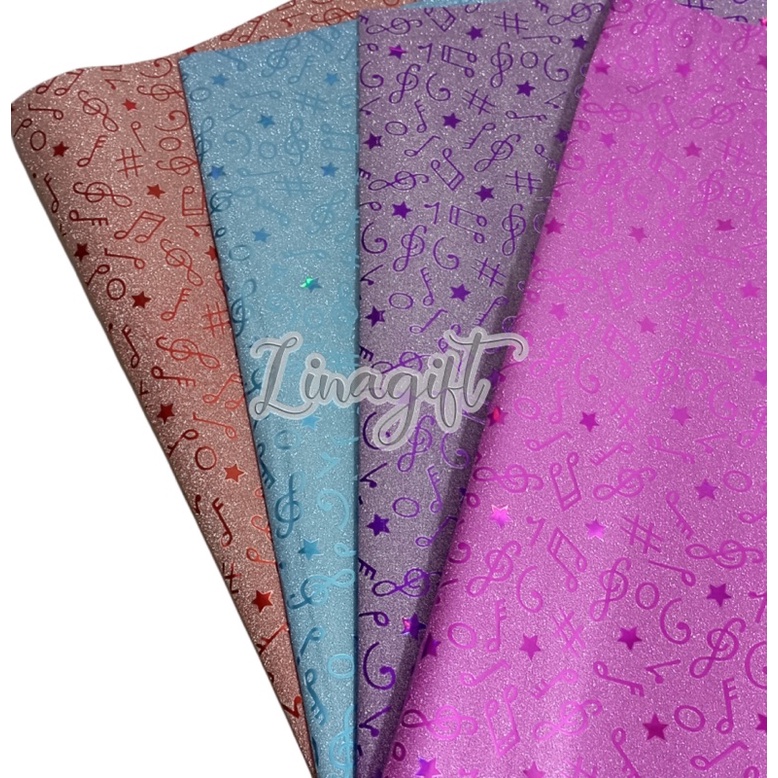 ( 3 Lembar ) PLASTIC METALLIC GLITTER MUSIC - PLASTIK KADO METALIK GLITER PASIR SHINY MENGKILAP NADA BLOK NOT TANGGA MUSIK PINK PURPLE EUSTHATIC VINTAGE CLASSIC