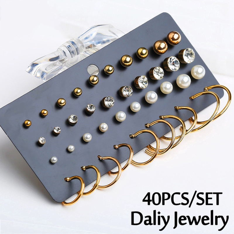 YEEZII 12Types Anting Emas Mutiara Aksesoris Wanita Anting Set Hoop Perak