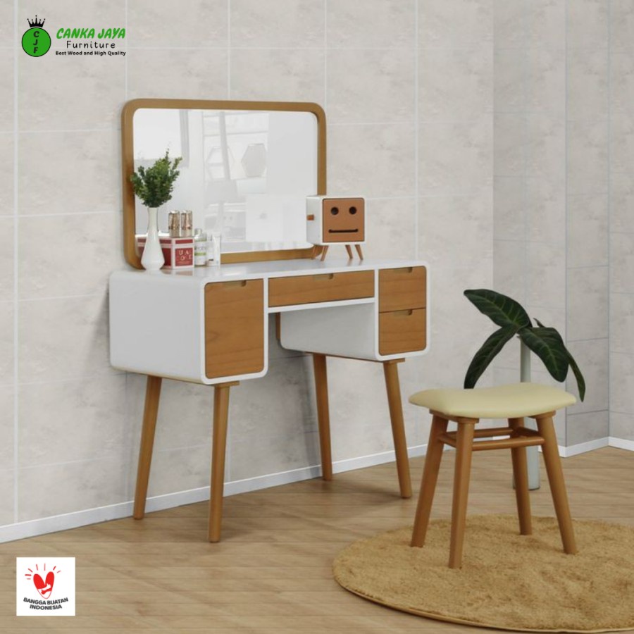 CANKA Holic - Meja Rias Retro Minimalis 4 Laci + Kursi Kecil - Natural Jati