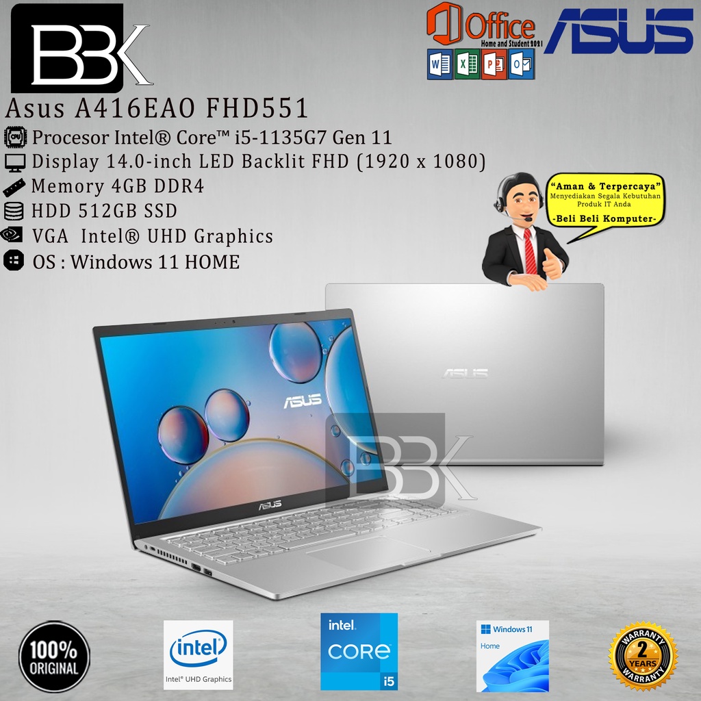 Asus A416EAO FHD551 i5 1135G7 4GB 512GB W11 OHS 2Yr