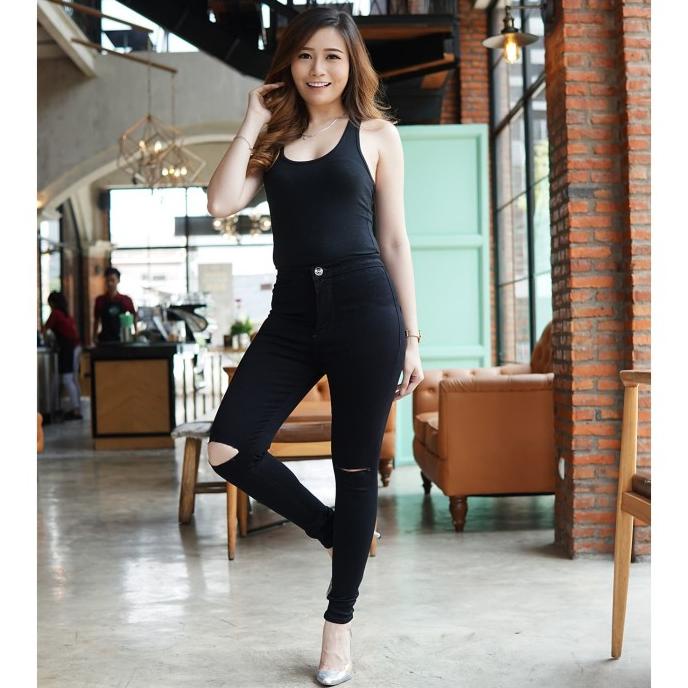 Celana Jeans Highwaist Wanita / HW Hitam Sobek Lutut / Ripped Knee