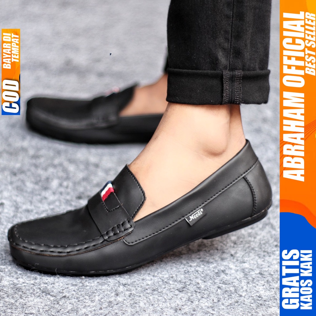 Sepatu Slip on Pria Santai Casual Formal Kulit Pu Kerja Hitam FRANS ABRAHAM