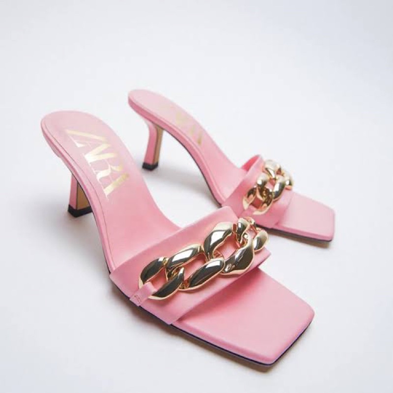 Zara Pink Heels Sandals with Chain Gold