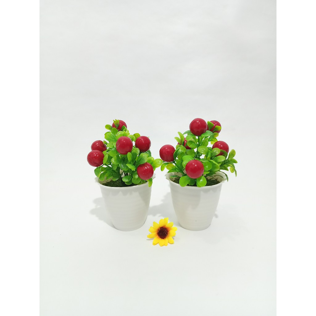 RB6073 BUAH CERI POT TAWON 7CM BUAH HIAS DAUN PLASTIK ARTIFICIAL